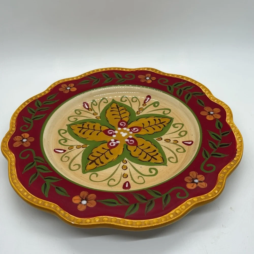 Pier 1 Juliana hand painted floral gold red scalloped edge salad plates 4